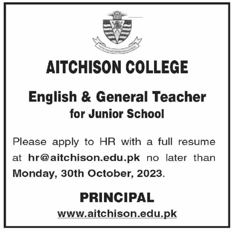 Aitchison College Education Lahore Jobs 2023 – Aitchison College Lahore Jobs 2023 — original advertisement