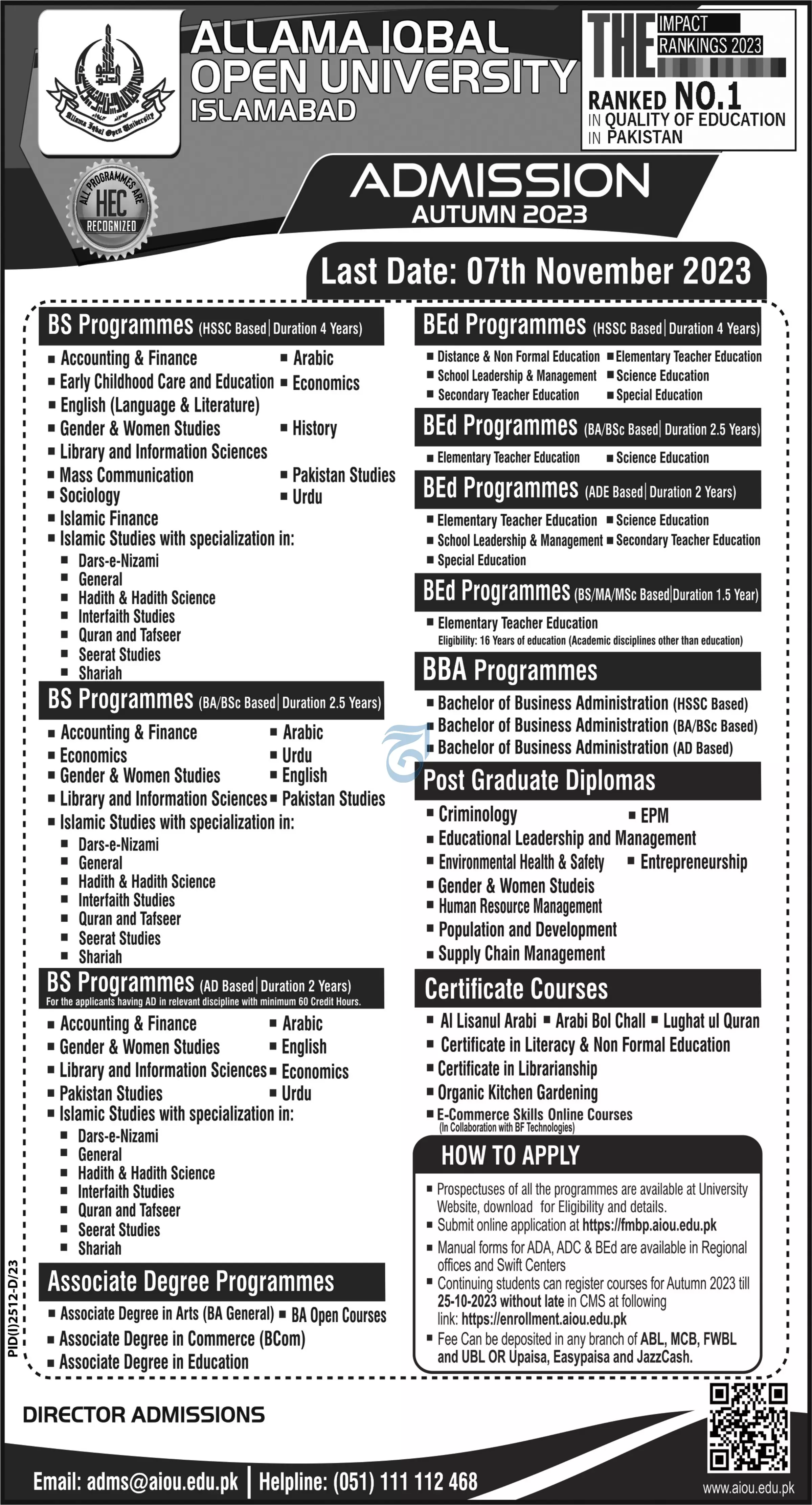 Allama Iqbal Open University AIOU Islamabad Admissions 2023 – Allama Iqbal Open University Islamabad Admissions 2023 — original advertisement