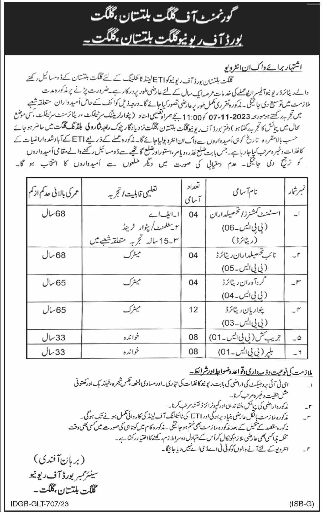 Gilgit Baltistan Board Of Revenue Jobs 2023 – Revenue Department Gilgit Baltistan Jobs 2023 — original advertisement