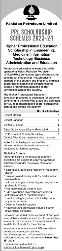 Pakistan Petroleum Limited PPL Scholarship Scheme 2023-24 – Pakistan Petroleum Limited (PPL) Scholarships 2023 — original advertisement