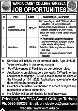 Wapda Cadet College Tarbela Faculty Jobs 2023 Jobs 2023 — original advertisement