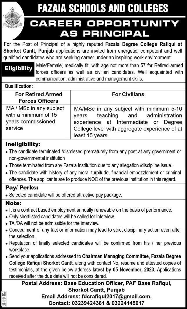 Fazaia Degree College Shorkot Cantt  Punjab Jobs 2023 – Fazaia Schools & Colleges Jobs 2023 — original advertisement