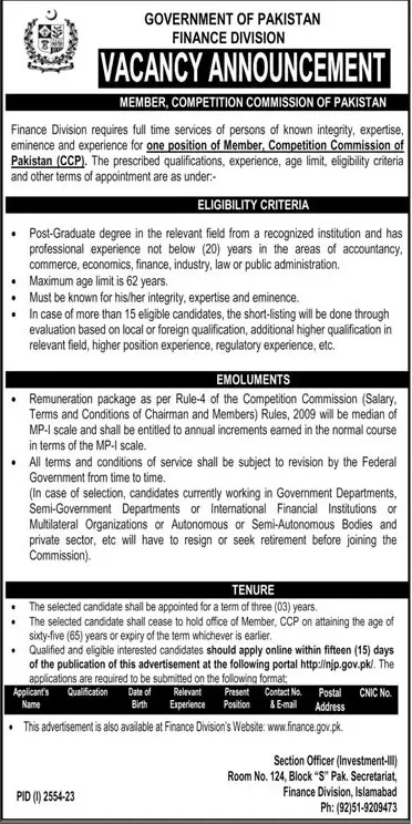Finance Division Islamabad Jobs 2023 Jobs 2023 — original advertisement