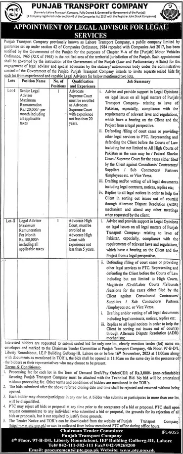 Punjab Transport Company Lahore Punjab Jobs 2023 – Private Company Jobs 2023 — original advertisement