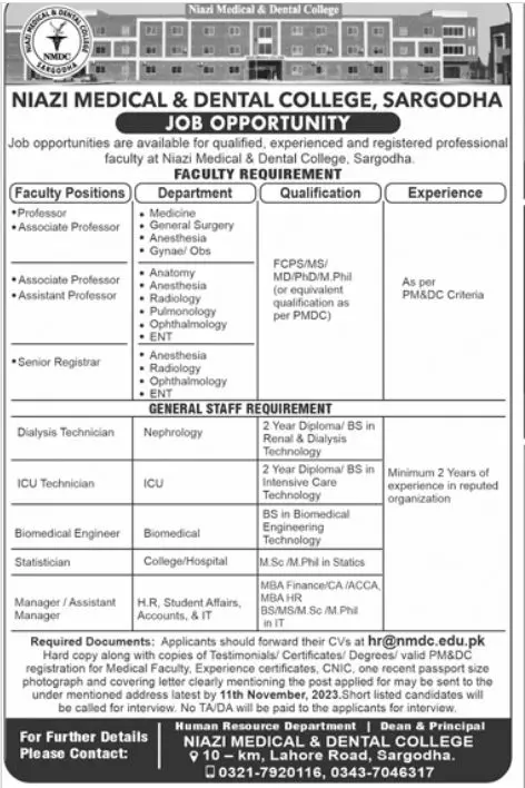 Niazi Medical & Dental College Sargodha Punjab Jobs 2023 – Niazi Medical and Dental College Sargodha Jobs 2023 — original advertisement