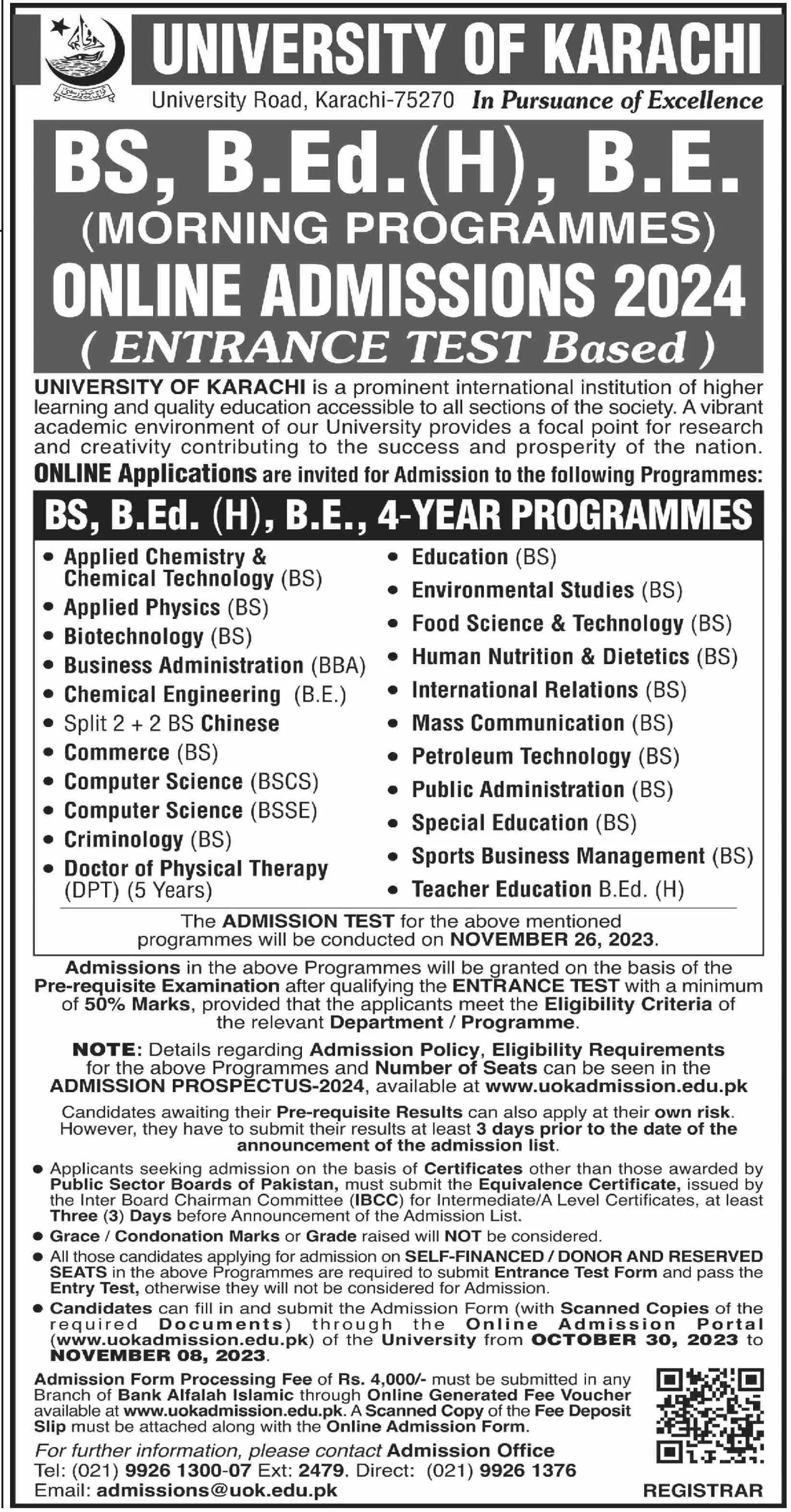 University of Karachi Sindh Admissions 2023 Admissions 2023 — original advertisement