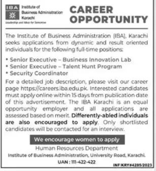 Institute Of Business Administration IBA Jobs 2023 – IBA Karachi Jobs 2023 — original advertisement