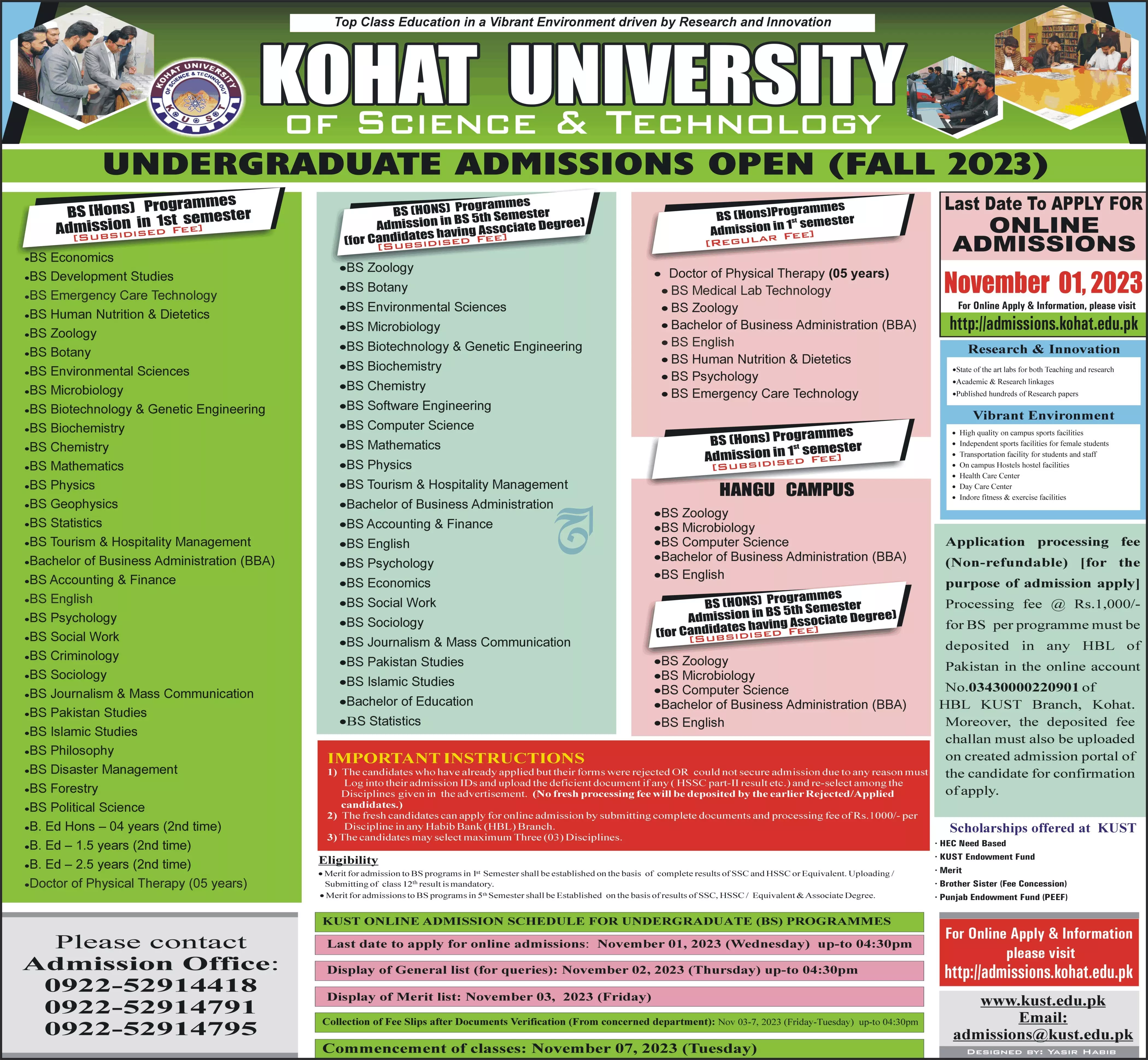 Kohat University of Science & Technolgy Admissions 2023 – Kohat University of Science and Technology Kohat Admissions 2023 — original advertisement