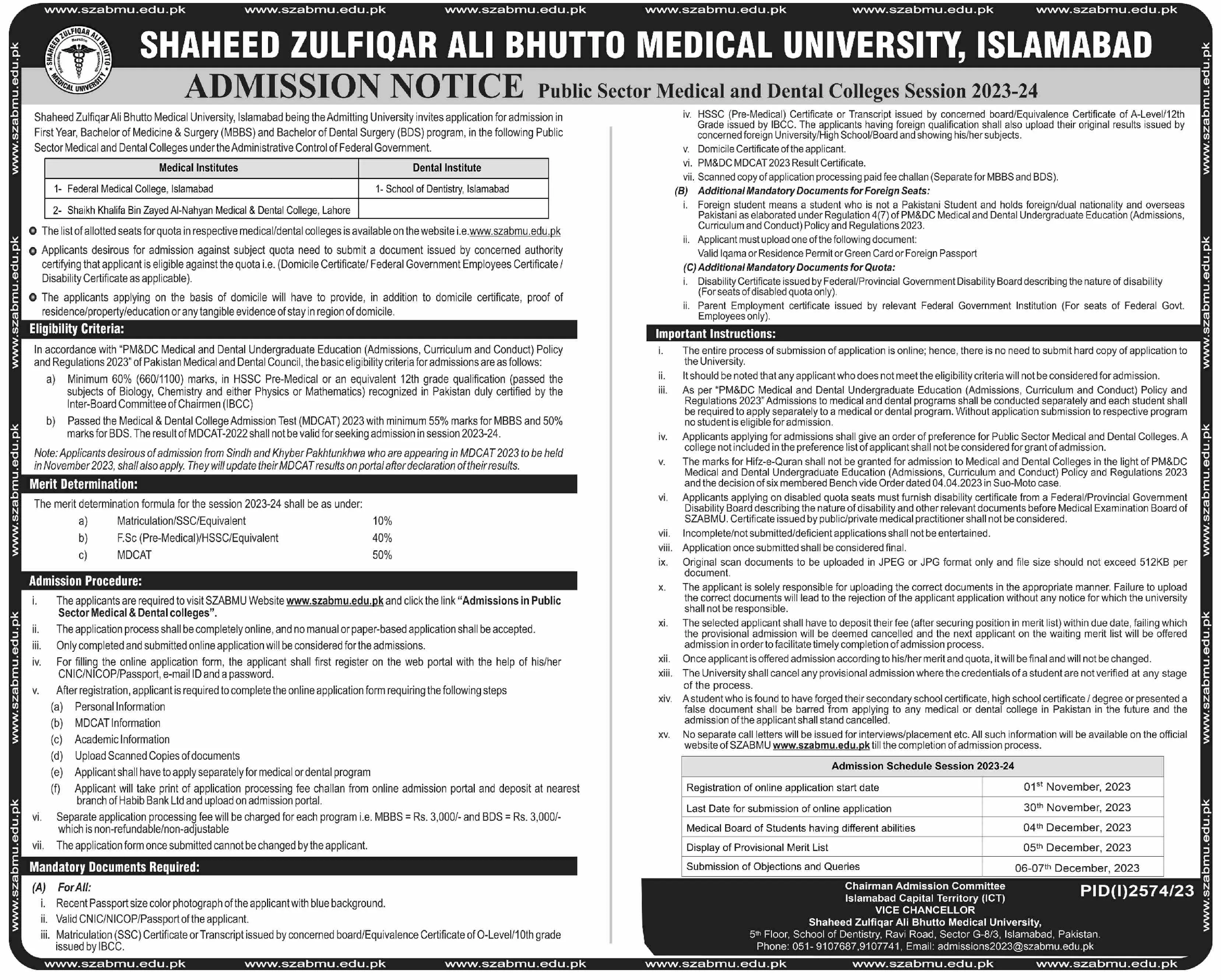 Shaheed Zulfiqar Ali Bhutto Medical University Admissions – Shaheed Zulfiqar Ali Bhutto Medical University Islamabad Admissions 2023 — original advertisement