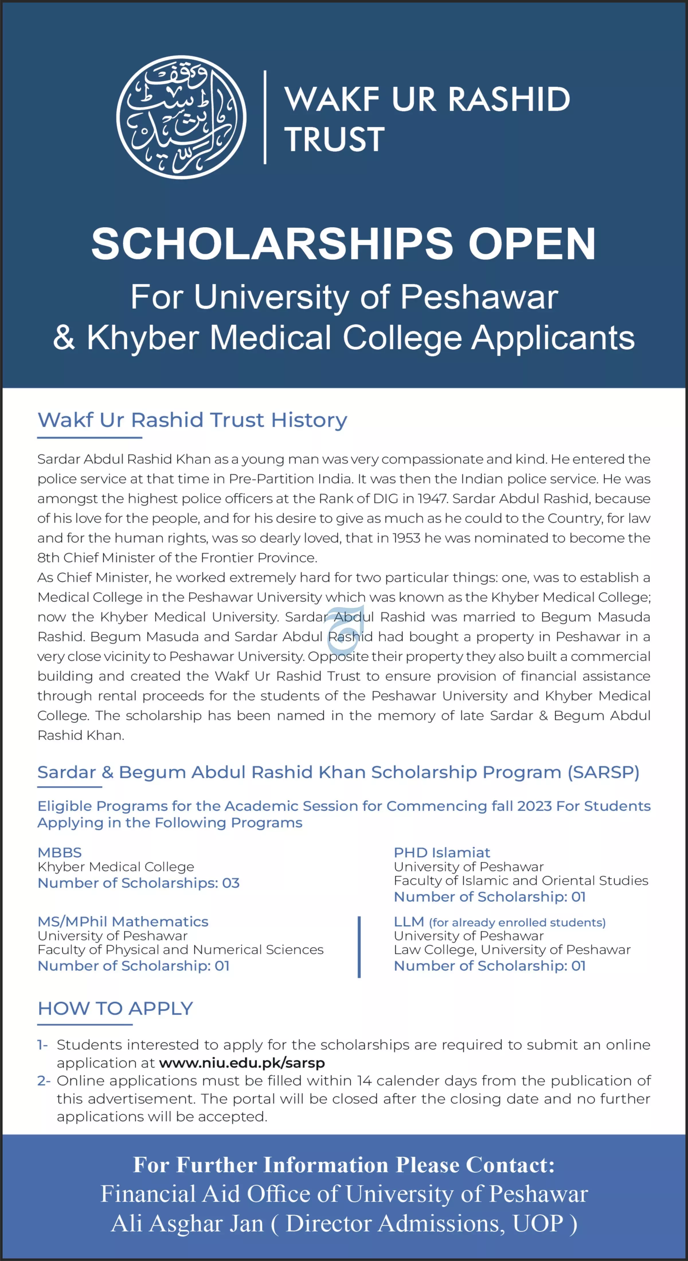 Wakf  ur Rashid Trust Scholarships for Kok 2023 Scholarships 2023 — original advertisement