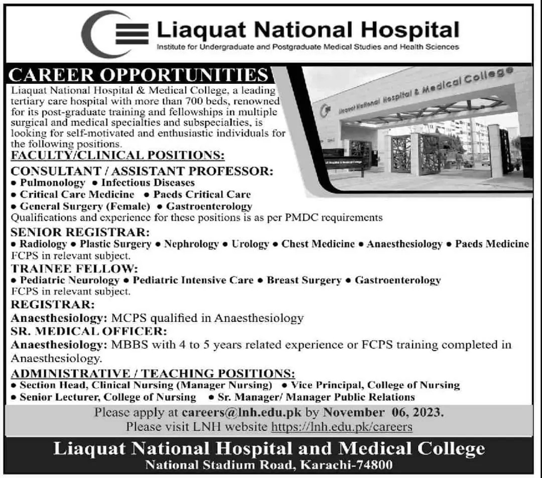 Liaquat National Hospital Karachi Jobs 2023 – Liaquat National Hospital & Medical College Jobs 2023 — original advertisement