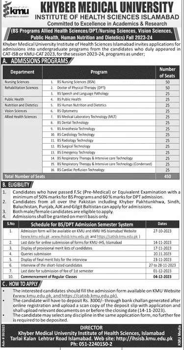 Khber Medical University Institute of Health Admissions 2023 – Khyber Medical University Peshawar Admissions 2023 — original advertisement
