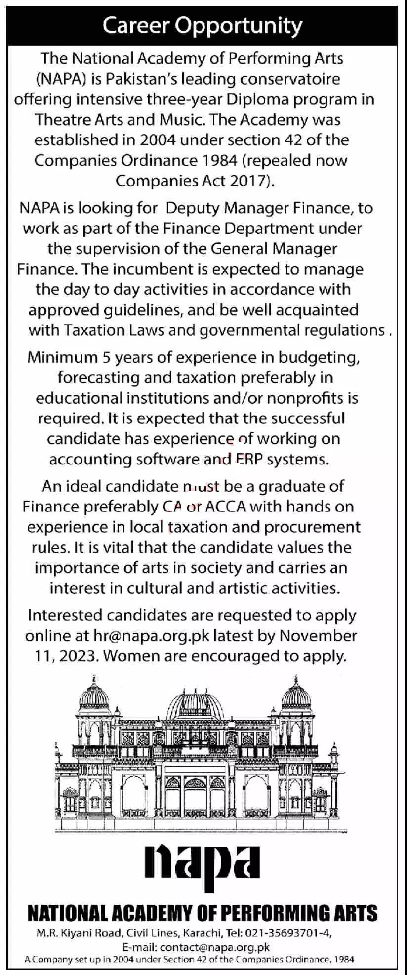 National Academy Of Performing Art NAPA Karachi Jobs 2023 Jobs 2023 — original advertisement
