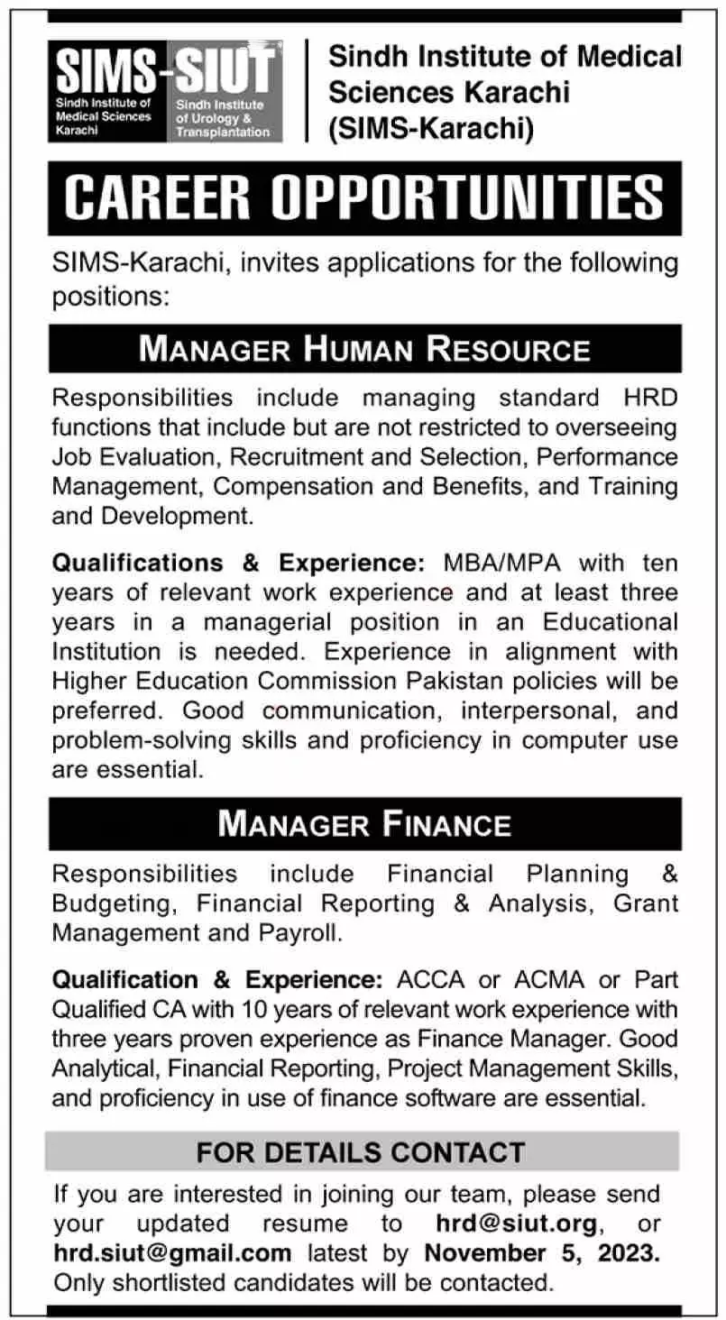 Sindh Institute Of Medical Sciences SIMS Karachi Jobs 2023 – Sindh Institute of Urology and Transplantation SIUT Karachi Jobs 2023 — original advertisement