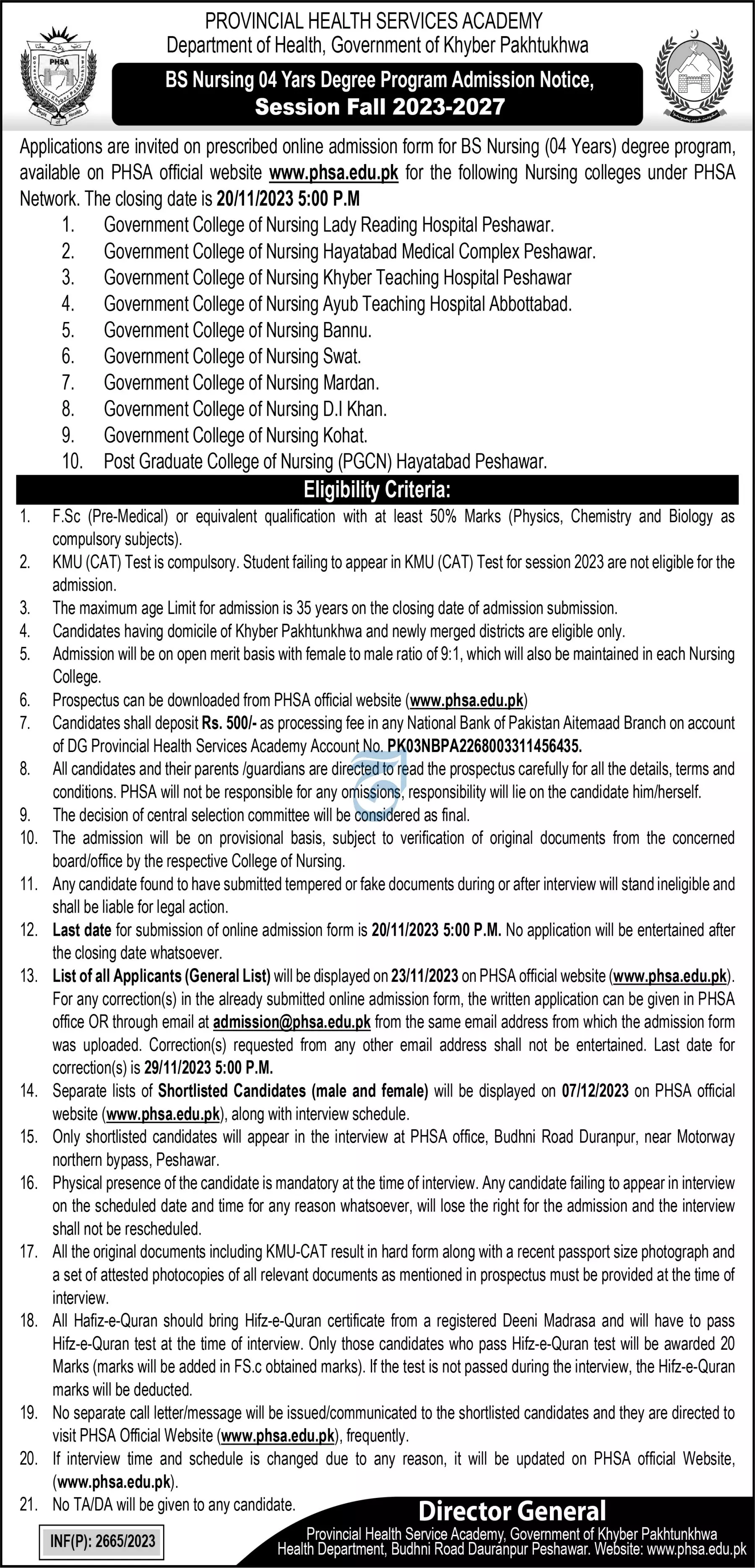 Provincial Health Services Acadmy Department Admissions 2023 – Health Department KPK Admissions 2023 — original advertisement