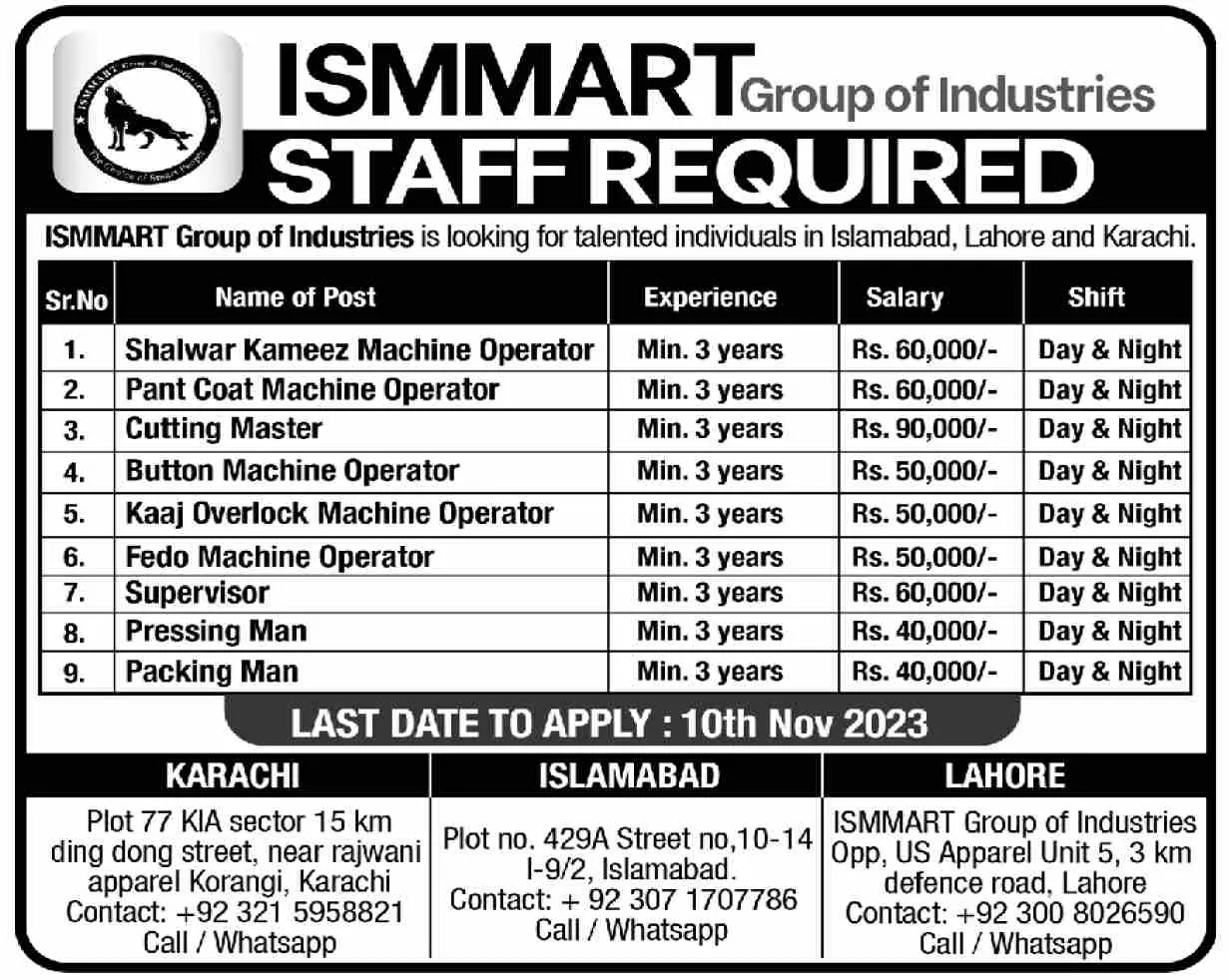 ISMMART Group of Industries Karachi Jobs 2023 – Private Company Jobs 2023 — original advertisement