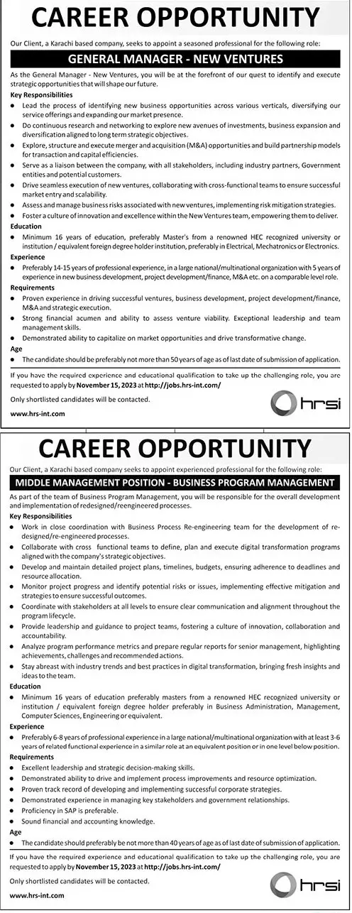 Human Resource Solution International HRSI Karachi Jobs 2023 – HRSG People and Business karachi Jobs 2023 — original advertisement