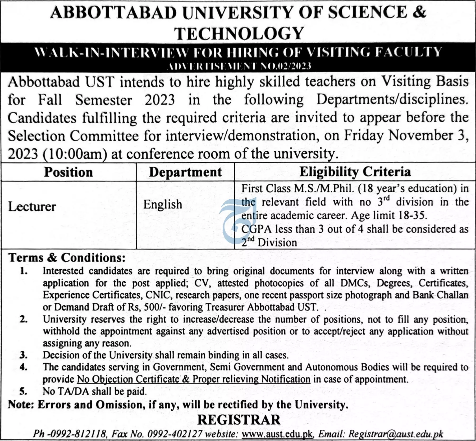 Abbottabad University of Science & Technology Jobs 2023 – Abbottabad University of Science and Technology Jobs 2023 — original advertisement