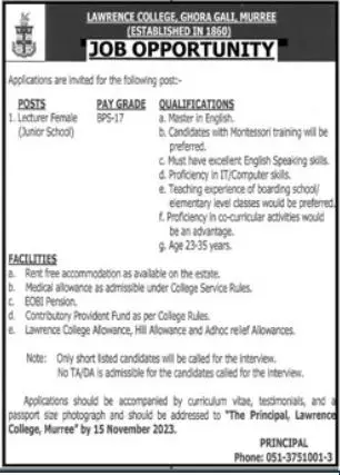 Lawerence College Ghora Gali Murree Jobs 2023 – Lawrence College Ghora Gali Jobs 2023 — original advertisement