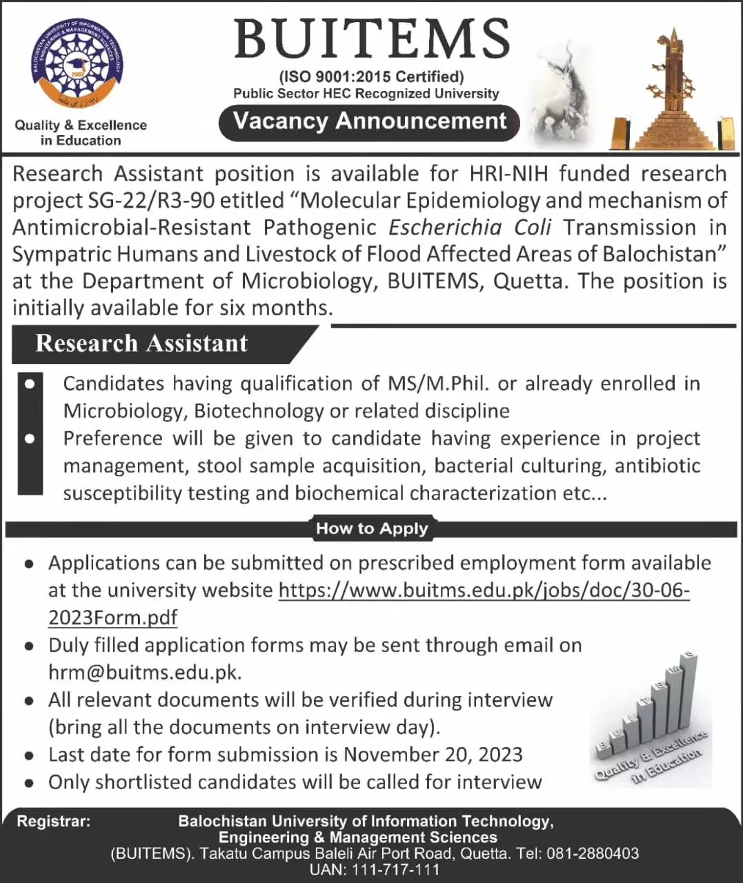 Balochistan University of Information Technology Buitems Job – Balochistan University of Information Technology & Management Science Quetta Jobs 2023 — original advertisement