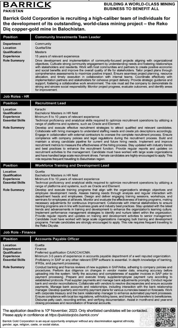 Barrick Pakistan Quett Balochistan Jobs 2023 Jobs 2023 — original advertisement