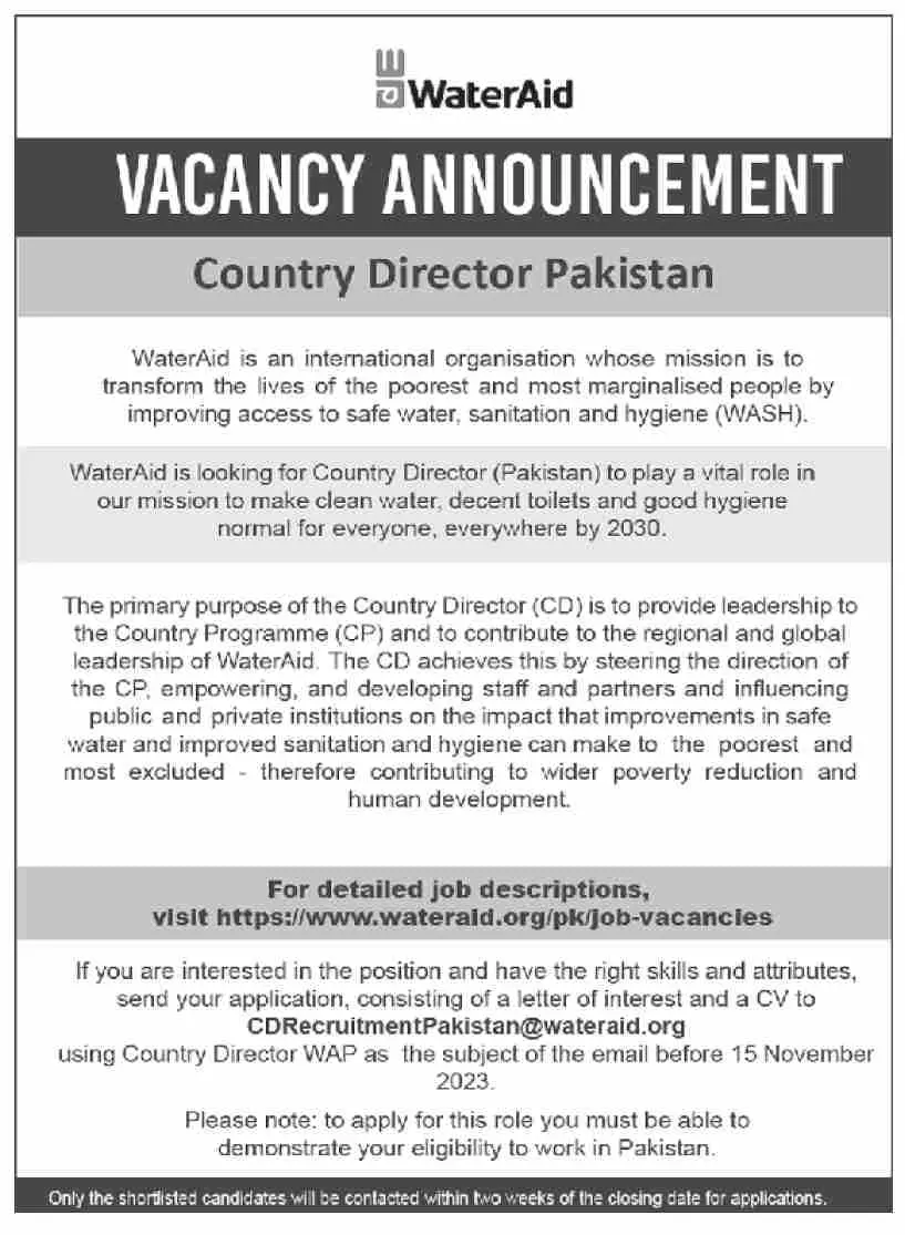 WaterAid NGO Islamabad Jobs 2023 – Public Sector Organization Jobs 2023 — original advertisement