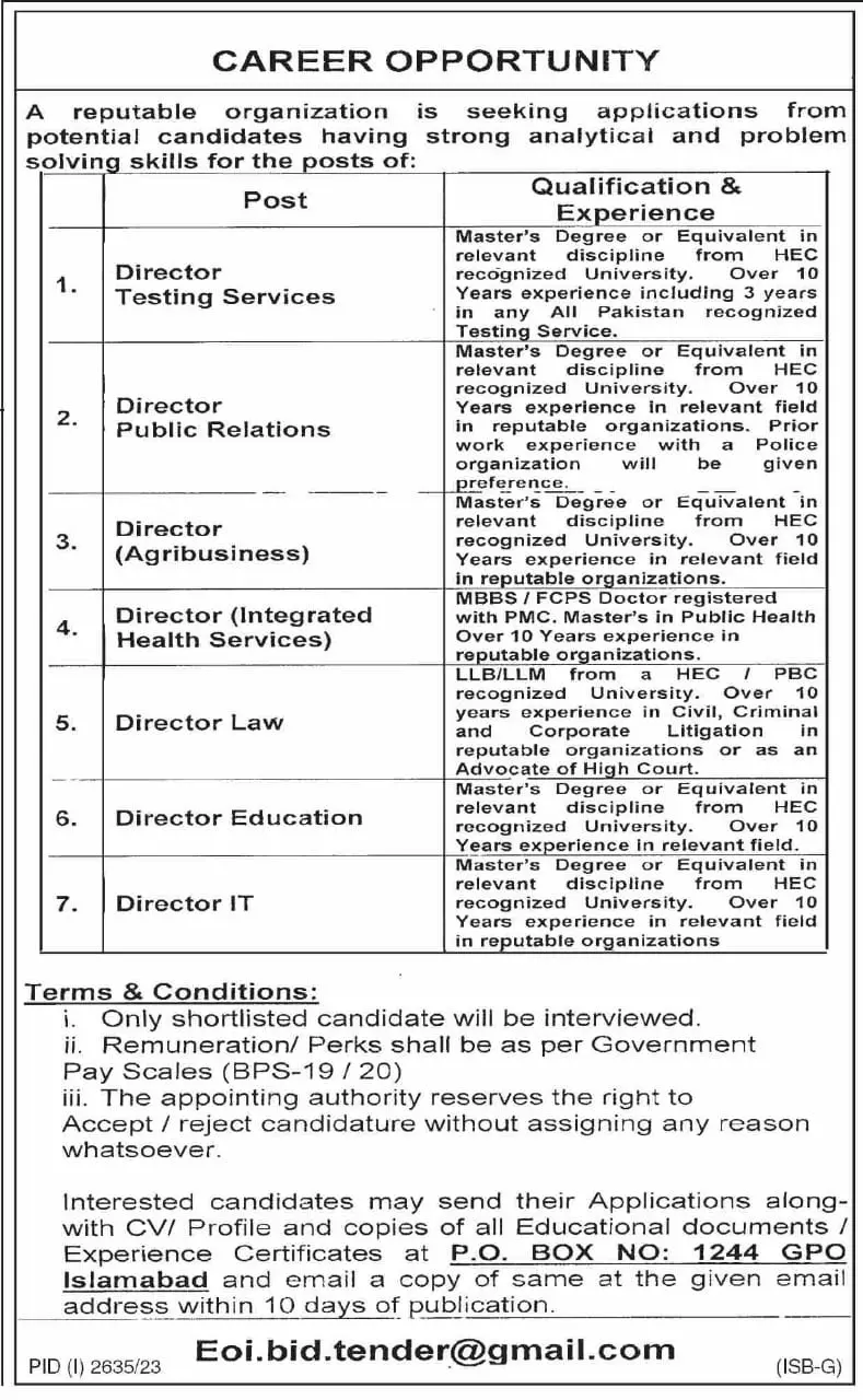 Reputed Organization Islamabad Jobs 2023 – Public Sector Organization Jobs 2023 — original advertisement