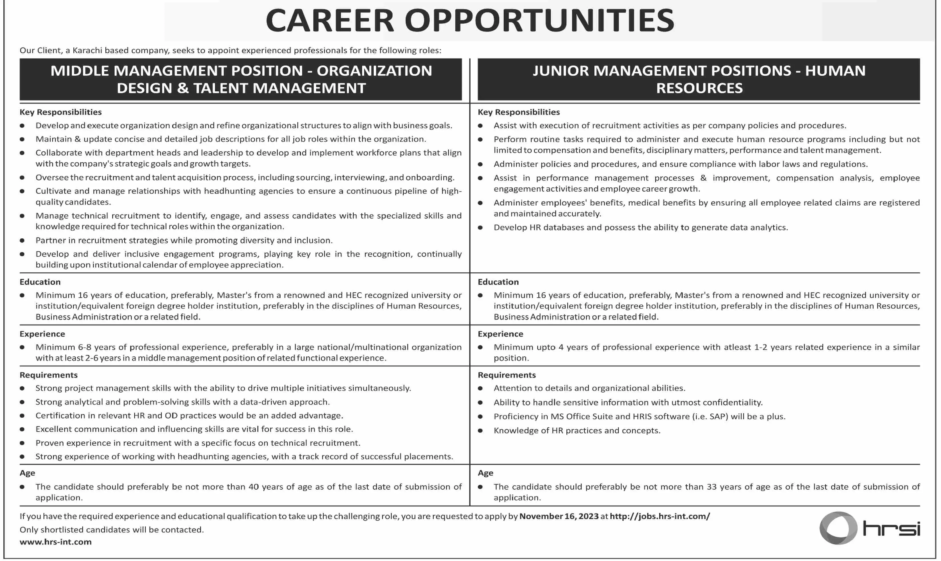 Human Resource Solution International HRSI Karachi Sindh Job – HRSG People and Business karachi Jobs 2023 — original advertisement