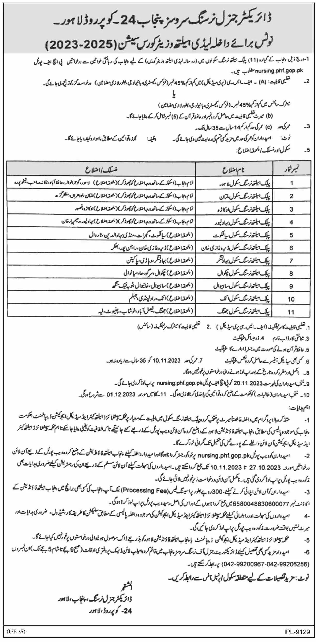 Public Health School LHV course Admissions 2023 – Health Department Punjab Admissions 2023 — original advertisement