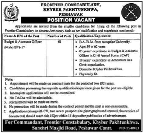 Frontier Constabulary FC Peshawar Jobs 2023 – Frontier Corps Kpk Jobs 2023 — original advertisement