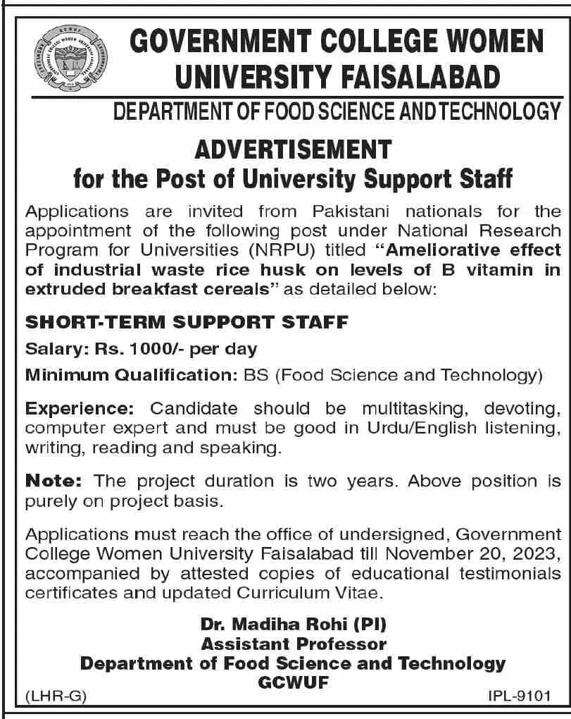 Government College Women University Faisalabad Jobs 2023 Jobs 2023 — original advertisement