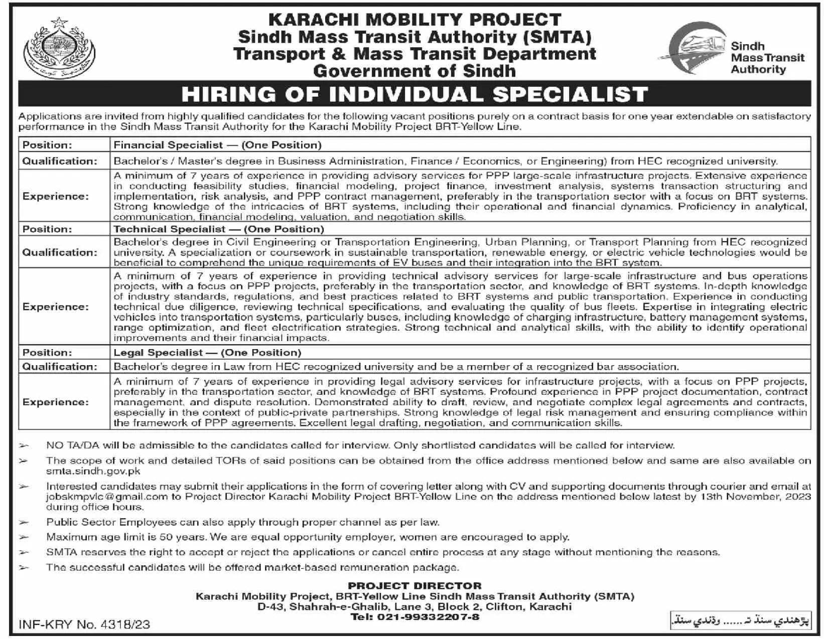 Sindh Mass Transit Authority SMTA Karachi Jobs 2023 Jobs 2023 — original advertisement