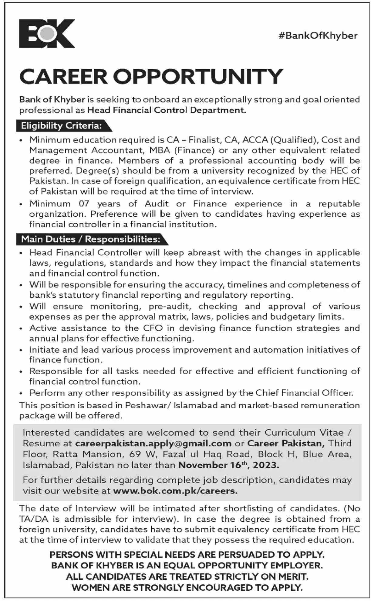 The Bank of Khyber BOK Peshawar Jobs 2023 Jobs 2023 — original advertisement