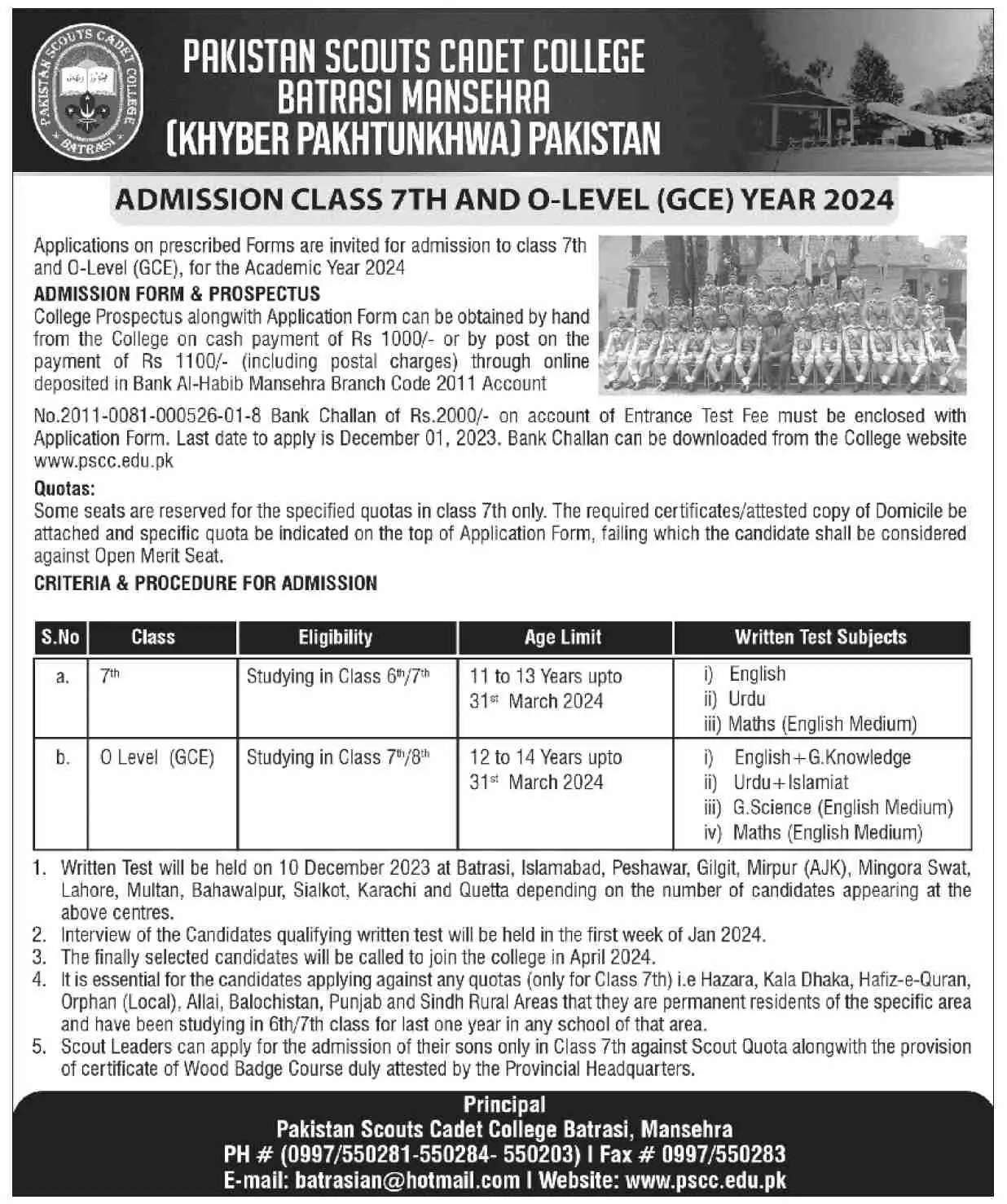 Pakistan Scouts Cadet College Batrasi Admisssions 2024 – Pakistan Scouts Cadet College Batrasi Mansehra Jobs 2023 — original advertisement