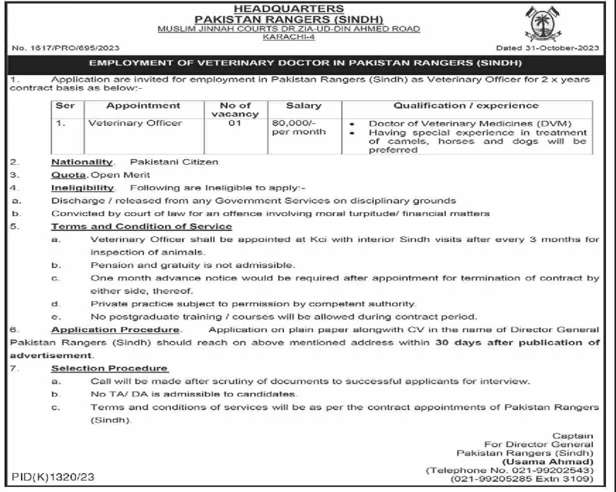 Pakistan Rangers Sindh Karachi Jobs 2023 – Sindh Rangers Jobs 2023 — original advertisement