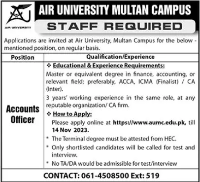 Air University Multan Campus Jobs 2023 Jobs 2023 — original advertisement
