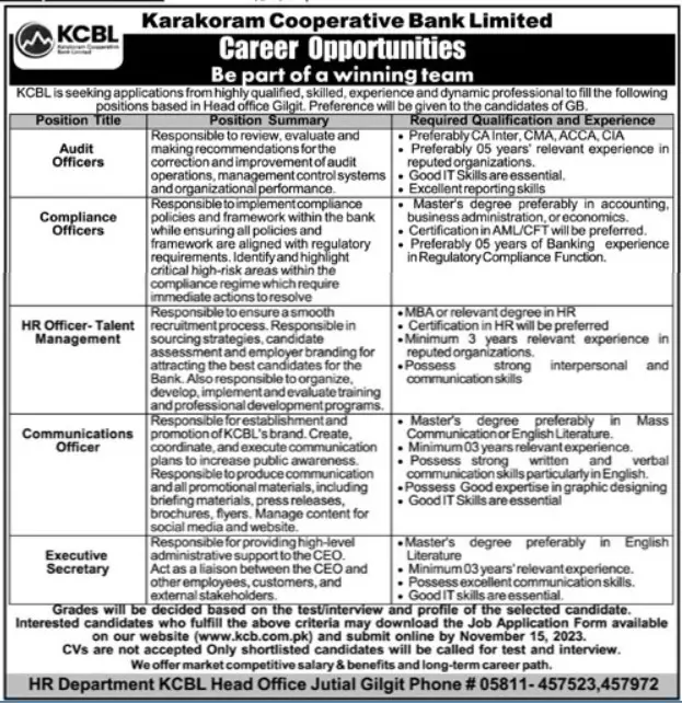 Karakoram Cooperative Bank Limited Gilgit Jobs 2023 Jobs 2023 — original advertisement