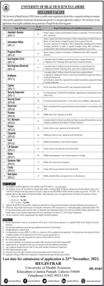 University of Health Sciences Lahore Jobs 2023 Jobs 2023 — original advertisement