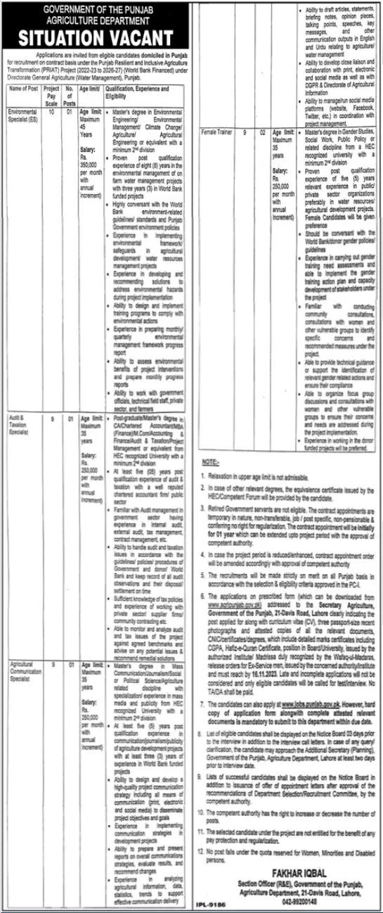 Agriculture Department Punjab Lahore Jobs 2023 Jobs 2023 — original advertisement