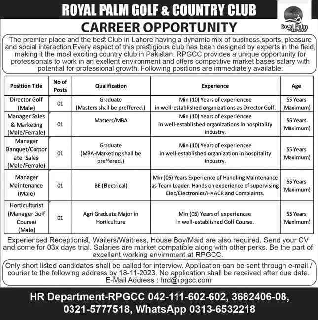 Royal Palm Golf & Country Club Lahore Jobs 2023 – Private Sector Organization Jobs 2023 — original advertisement