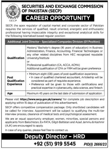Securities And Exchange Commission Islamabad Jobs – Securities & Exchange Commission of Pakistan Jobs 2023 — original advertisement
