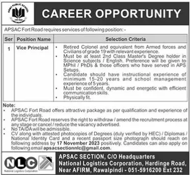 Army Public School & College APS&C Jobs 2023 – Army Public School & College Paksitan Jobs 2023 — original advertisement