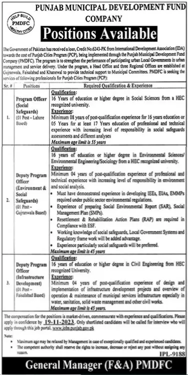Punjab Municipal Development Fund Company PMDFC Lahore Jobs Jobs 2023 — original advertisement