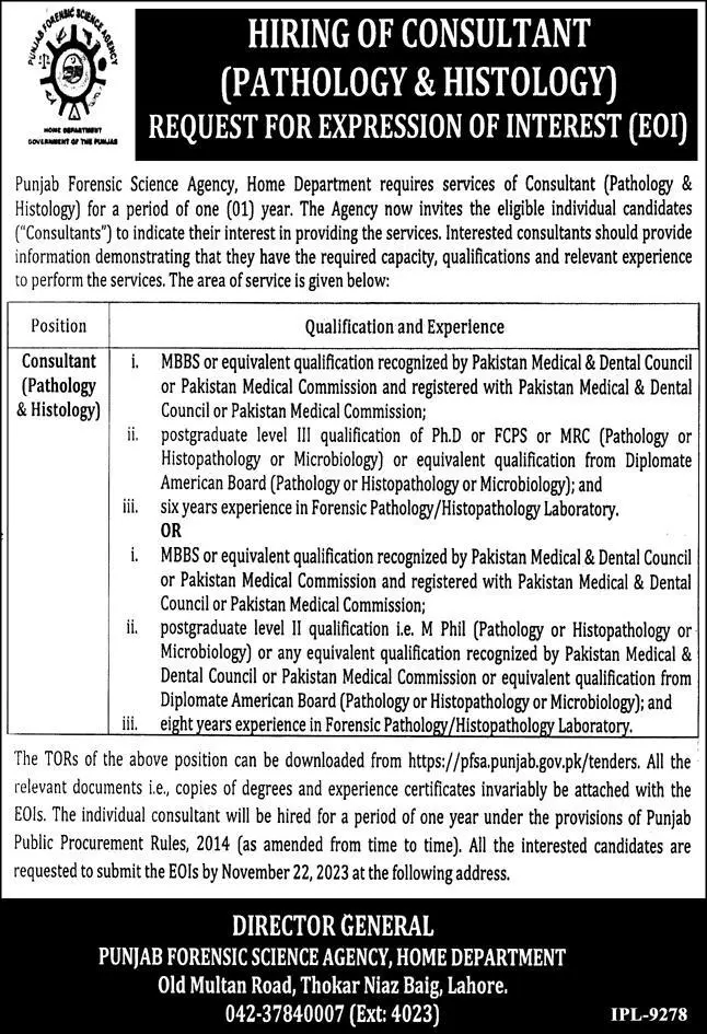 Punjab Forensic Science Agency PFSA Lahore Jobs 2023 Jobs 2023 — original advertisement