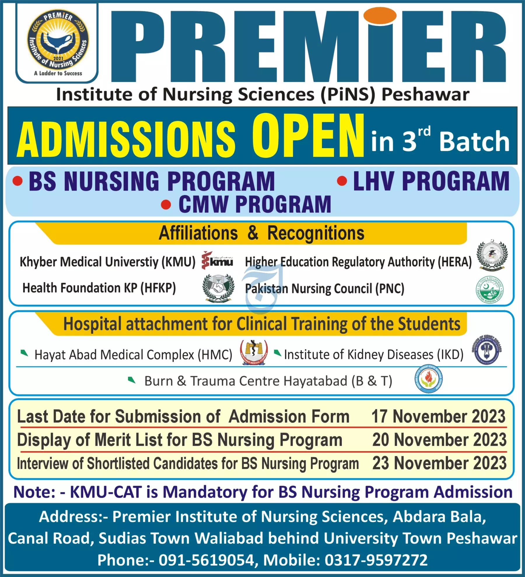 Institule of Nursing Sciences PINS Peshawar Admissions 2023 – Institute of nursing Peshawar Admissions 2023 — original advertisement