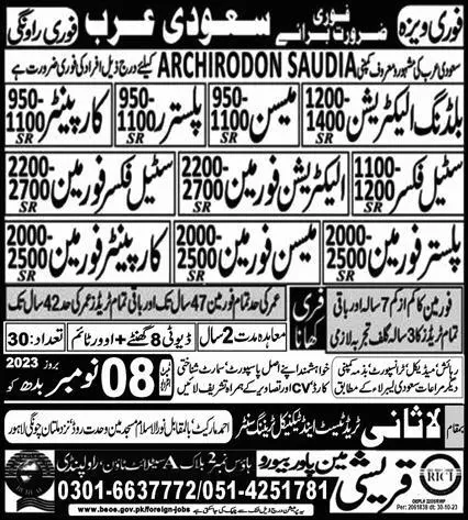Plaster Foreman & Electrician Foreman Jobs 2023 Saudi Arabia – Qureshi Manpower Bureau Jobs 2023 — original advertisement
