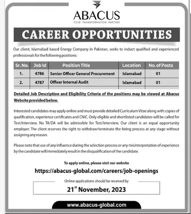 Islamabad Based Energy Company Jobs 2023 – Private Company Jobs 2023 — original advertisement