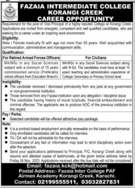 Fazaia Intermedate College Korangi Creek Karachi Jobs 2023 – Fazaia Schools & Colleges Jobs 2023 — original advertisement