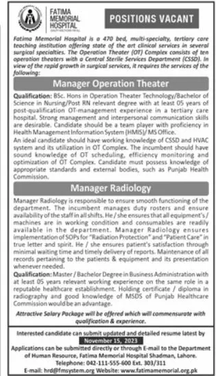 Fatimaa Momerial Hospital Fmh Lahore Jobs – Fatima Memorial Hospital (Fmh) Lahore Jobs 2023 — original advertisement