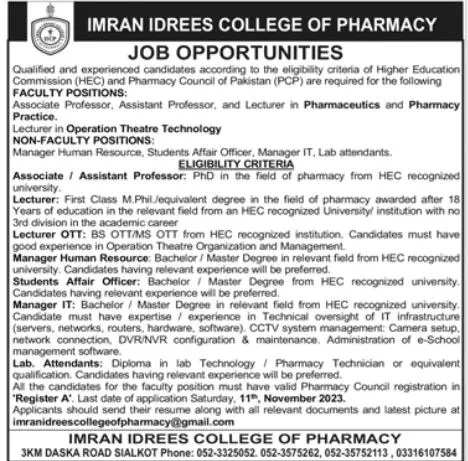 Imran Idress College of Pharmacy Jobs 2023 – Imran Idrees College Of Pharmacy Jobs 2023 — original advertisement